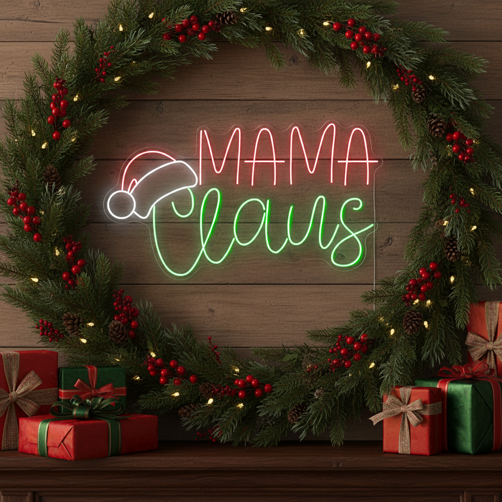 Mama Claus Merry Christmas Neon Sign by LEDNeons - glowing in holiday Red, Green  and white lights