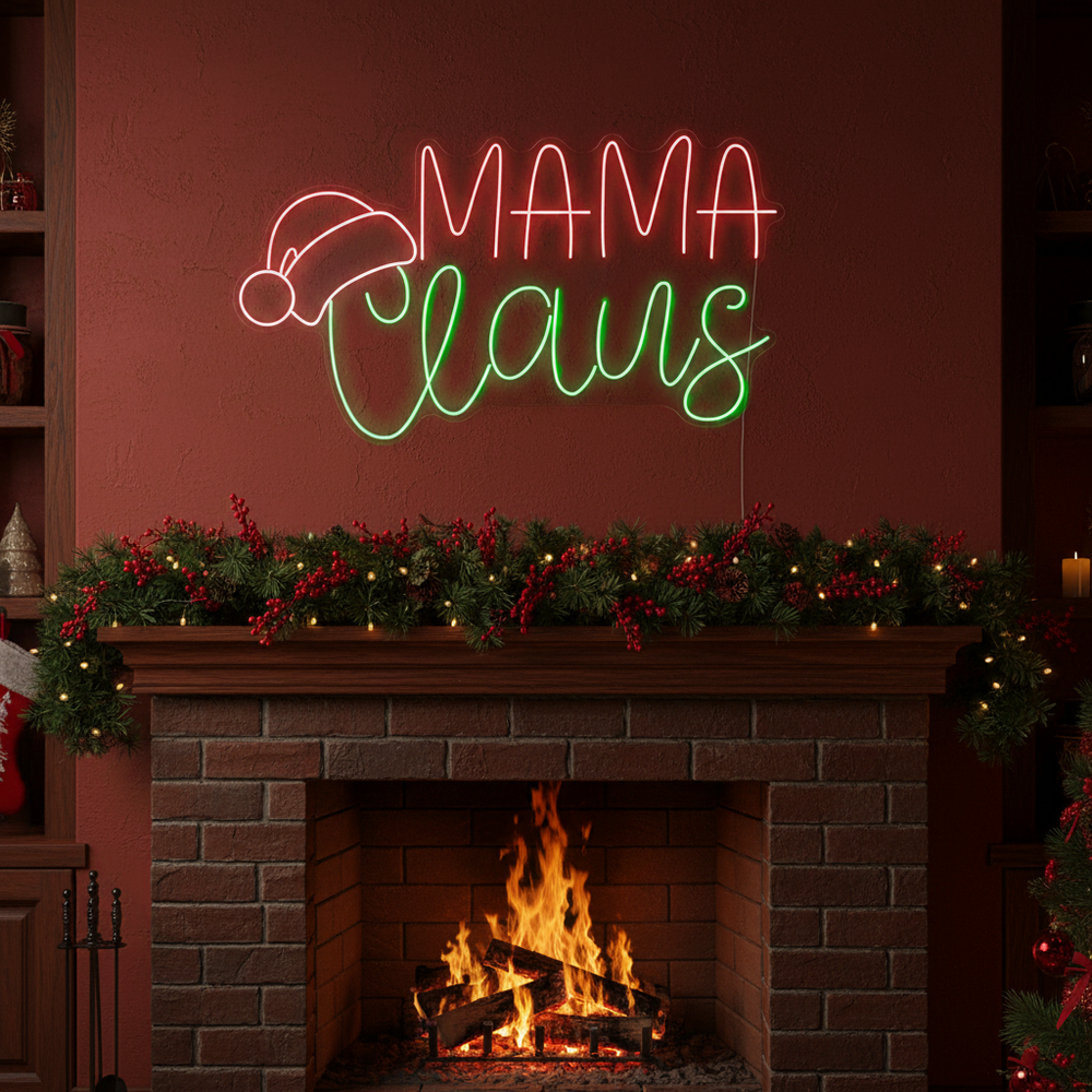 Mama Claus Merry Christmas Neon Sign by LEDNeons - glowing in holiday Red, Green  and white lights