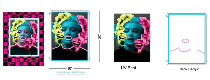 "Marilyn Monroe&nbsp;3 Ladies UV Light Neon Artwork Dimensions by LedNeons.com 