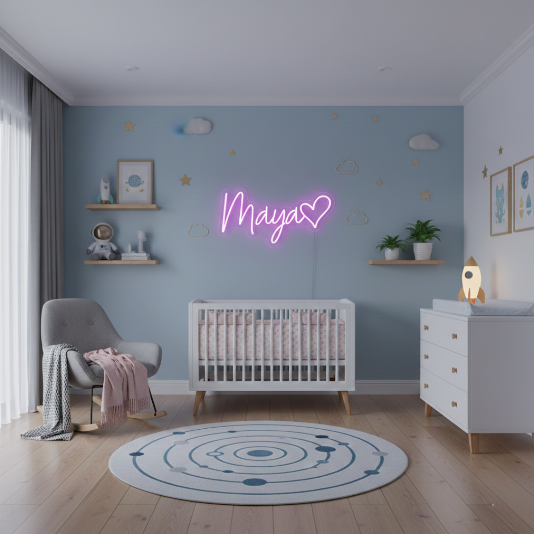 Maya Name LED Neon Sign by LedNeons.com -  glowing in elegant cursive font on a wall backdrop
