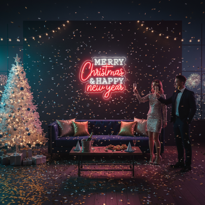 Merry Christmas & Happy New Year LED Neon Sign by LEDNeons - perfect for holiday décor and celebrations.