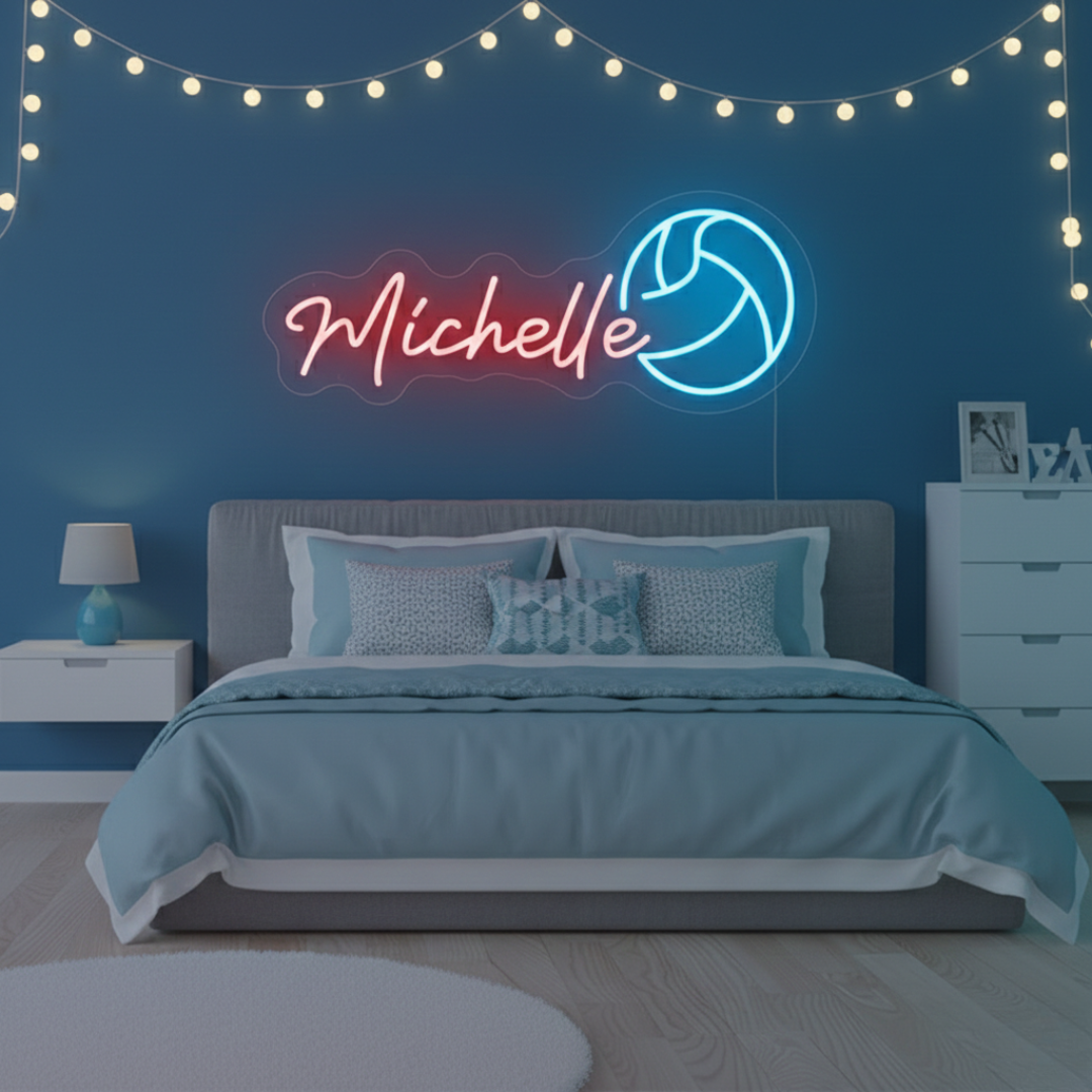 Michelle Name LED Neon Sign by LEDNeons -  glowing in elegant cursive font on a wall backdrop