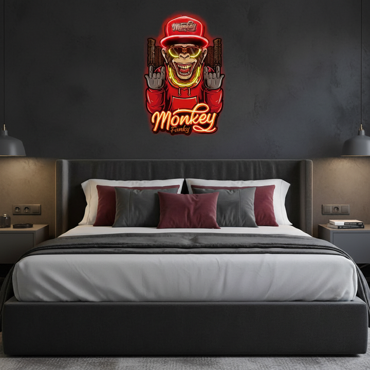 Monkey wearing a gold chain UV Art LED Neon Sign by LEDNeons — vibrant neon artwork featuring a stylish monkey 