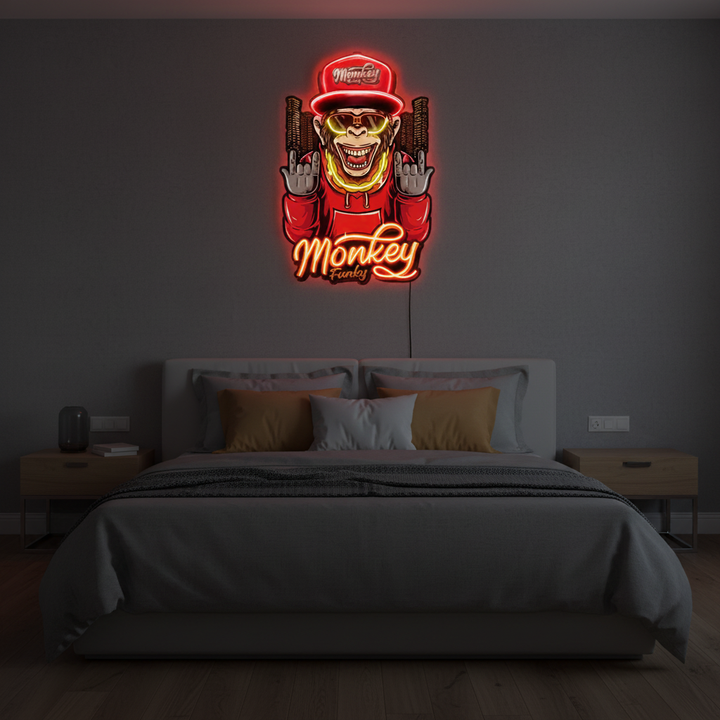 Monkey wearing a gold chain UV Art LED Neon Sign by LEDNeons — vibrant neon artwork featuring a stylish monkey 