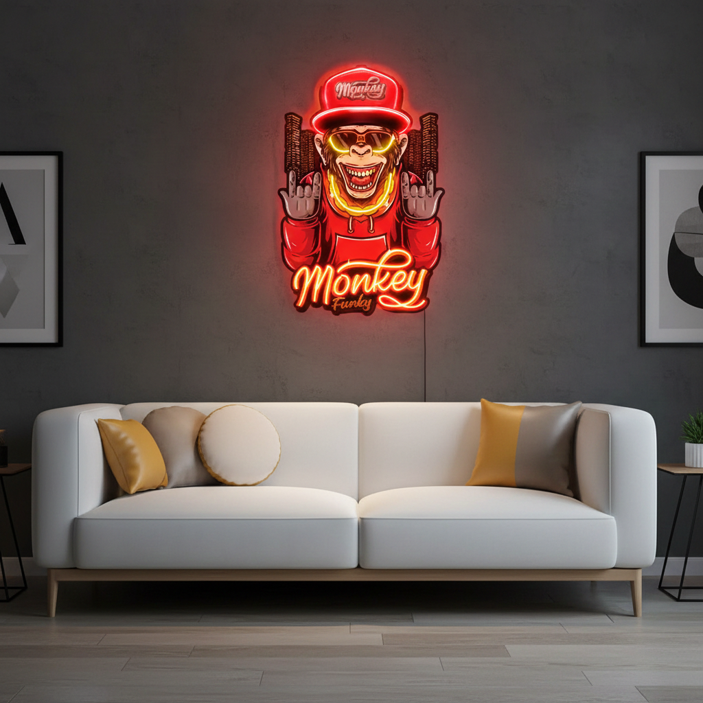Monkey wearing a gold chain UV Art LED Neon Sign by LEDNeons — vibrant neon artwork featuring a stylish monkey 