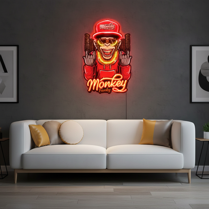 Monkey wearing a gold chain UV Art LED Neon Sign by LEDNeons — vibrant neon artwork featuring a stylish monkey 