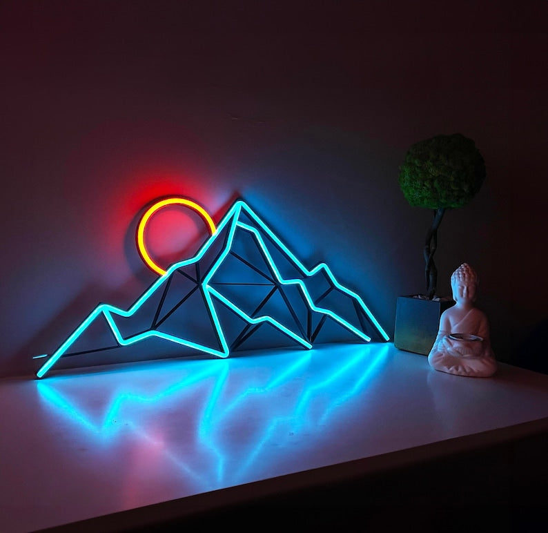 Mountain Sunrise LED Neon Sign by LednNeon.com -  featuring glowing mountain peaks and a rising sun, adding a serene and adventurous touch to any space.