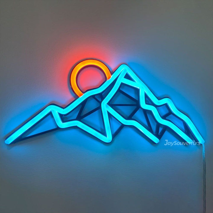 Mountain Sunrise LED Neon Sign by LEDNeons  -  featuring glowing mountain peaks and a rising sun, adding a serene 