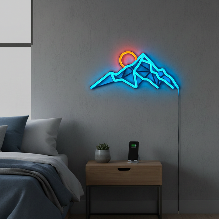 Mountain Sunrise LED Neon Sign by LEDNeons  -  featuring glowing mountain peaks and a rising sun, adding a serene 