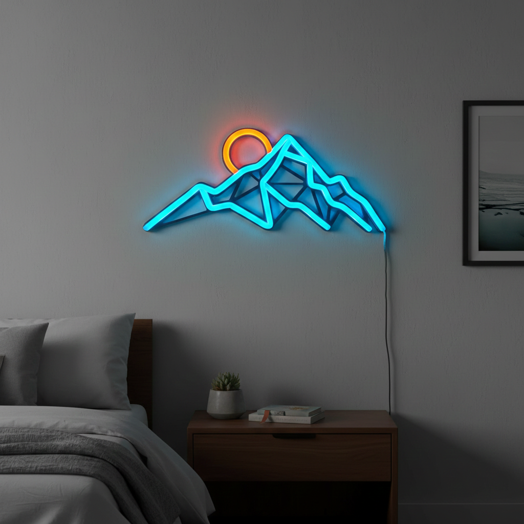 Mountain Sunrise LED Neon Sign by LEDNeons  -  featuring glowing mountain peaks and a rising sun, adding a serene 