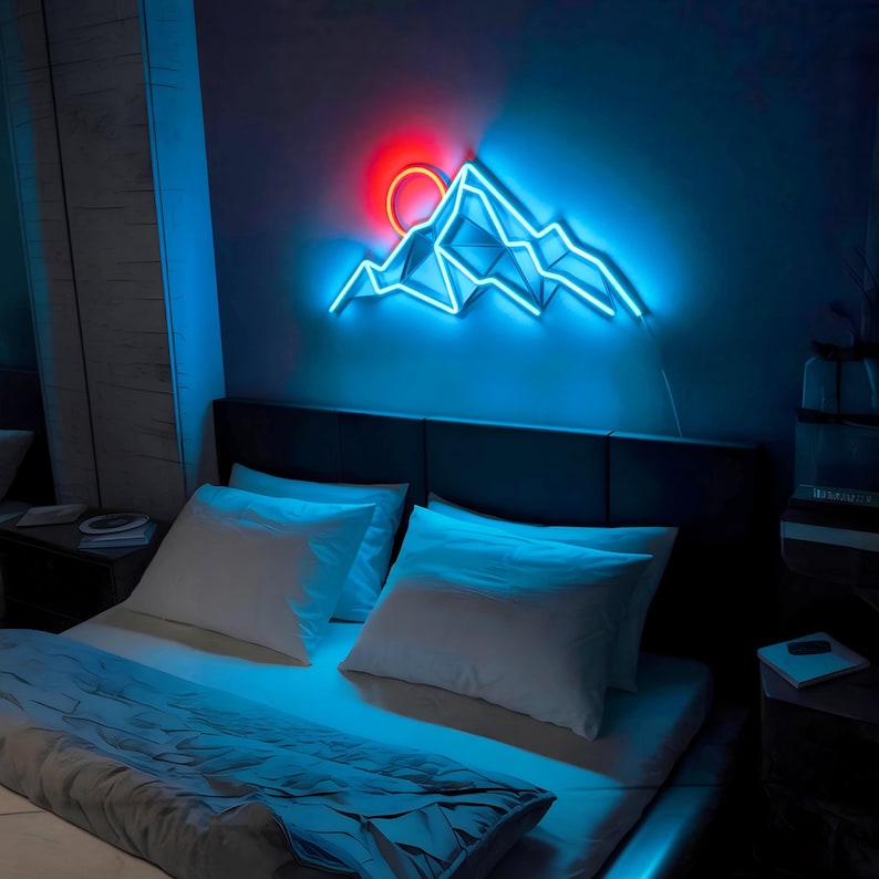 Mountain Sunrise LED Neon Sign by LednNeon.com -  featuring glowing mountain peaks and a rising sun, adding a serene and adventurous touch to any space.