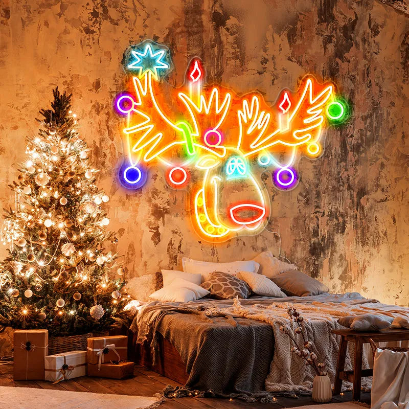 Multicolor Reindeer Neon Sign by LEDNeon's - Add a colorful holiday touch with this vibrant multicolor reindeer neon sign.