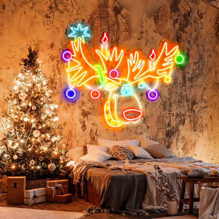 Multicolor Reindeer Neon Sign by LEDNeon's - Add a colorful holiday touch with this vibrant multicolor reindeer neon sign.