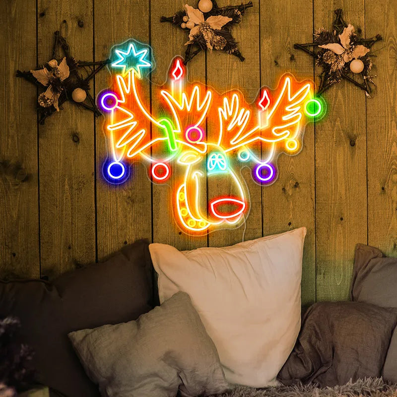 Multicolor Reindeer Neon Sign by LEDNeon's - Add a colorful holiday touch with this vibrant multicolor reindeer neon sign.