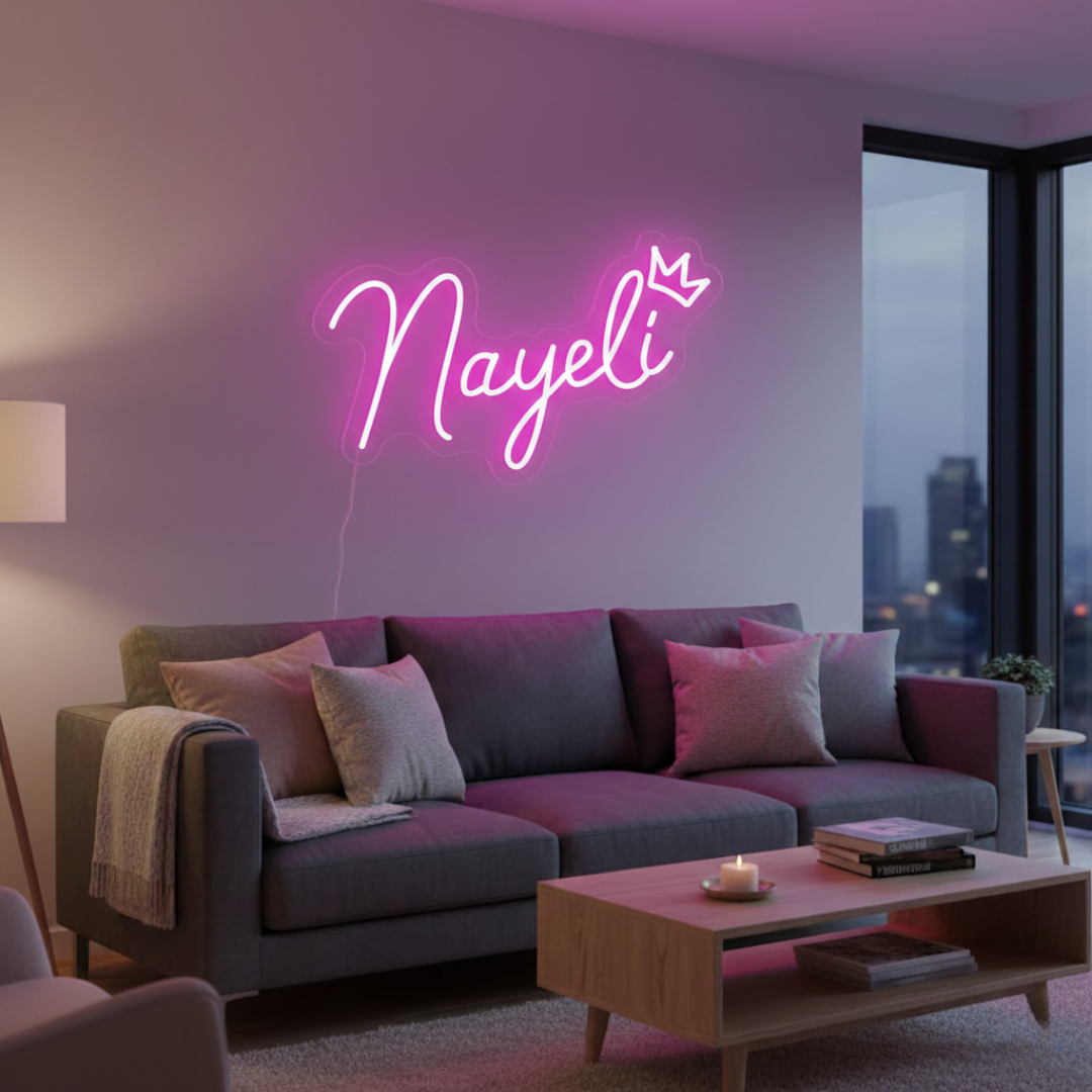 Nayeli Name LED Neon Sign by LEdNeons.com -  glowing in elegant cursive script on wall