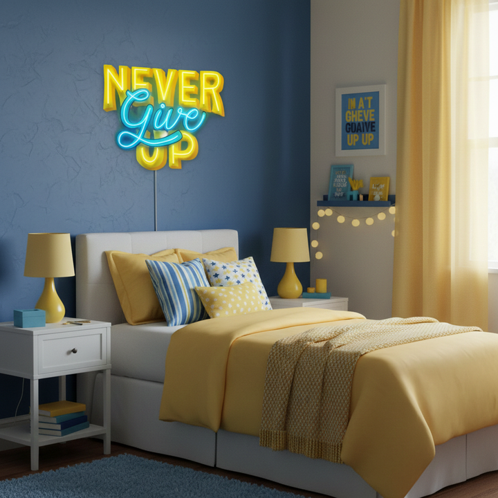 Never Give Up UV Art LED Neon Sign by LEDNeons — inspirational neon wall art 