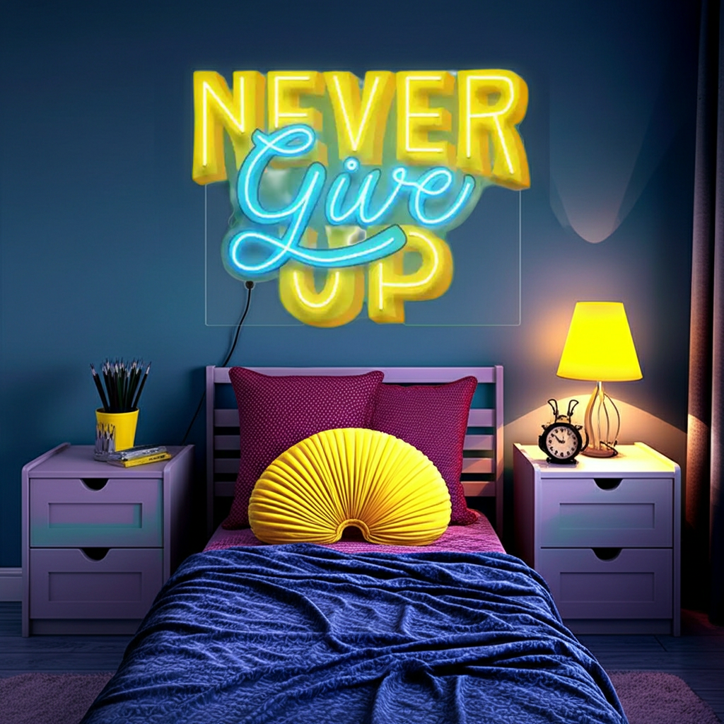 Never Give Up UV Art LED Neon Sign by LEDNeons — inspirational neon wall art 