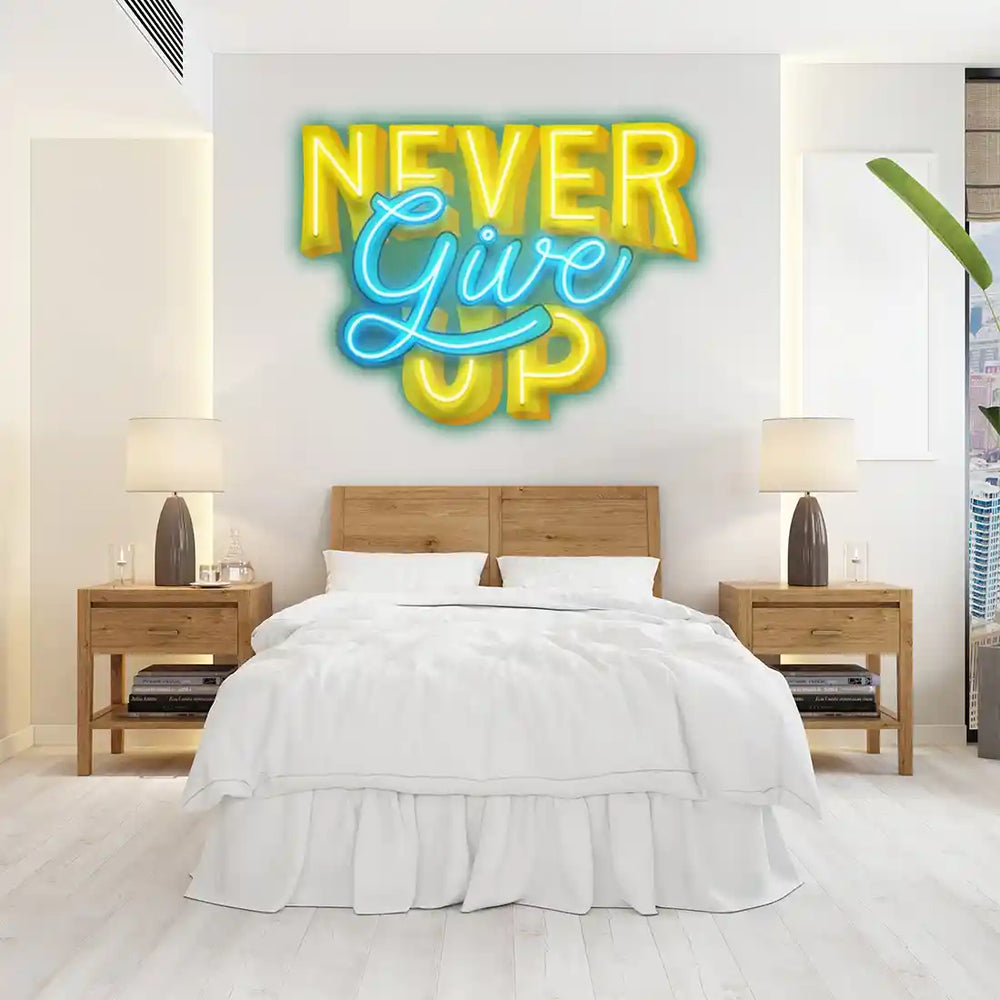 Never Give Up UV Art LED Neon Sign in blue and yellow color by LedNeons.com - Bedroom