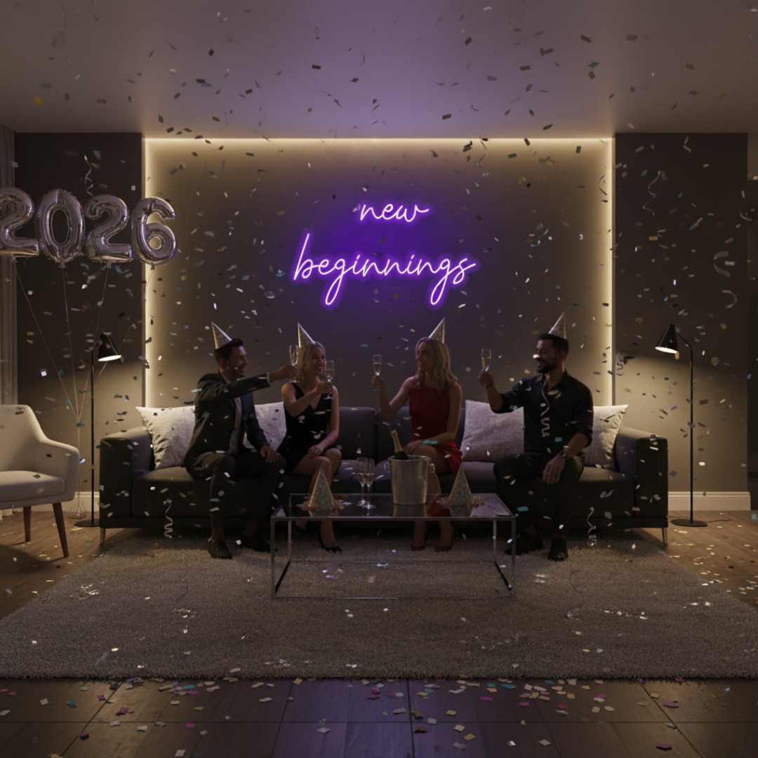 New Beginnings Neon Sign by LEDNeons glowing brightly on a wall, symbolizing hope, growth, and a fresh start.
