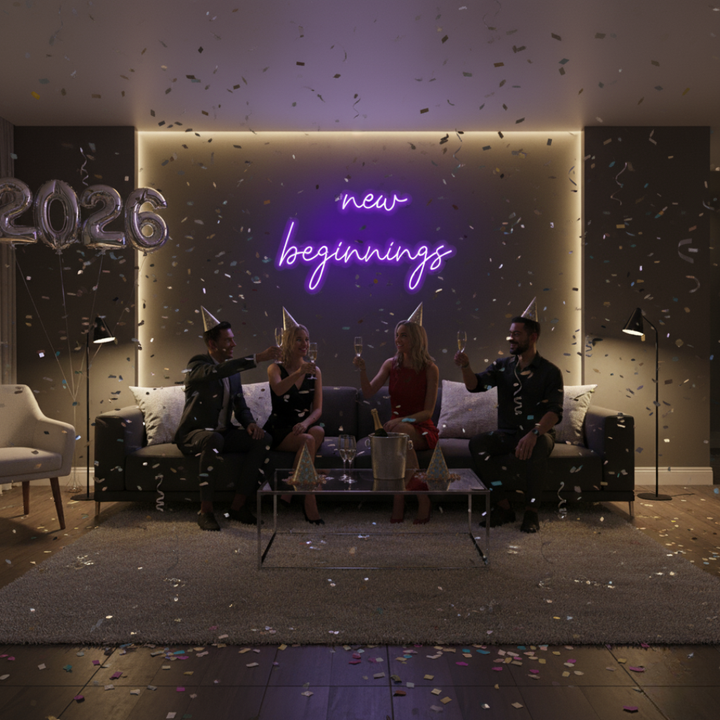 New Beginnings Neon Sign by LEDNeons glowing brightly on a wall, symbolizing hope, growth, and a fresh start.