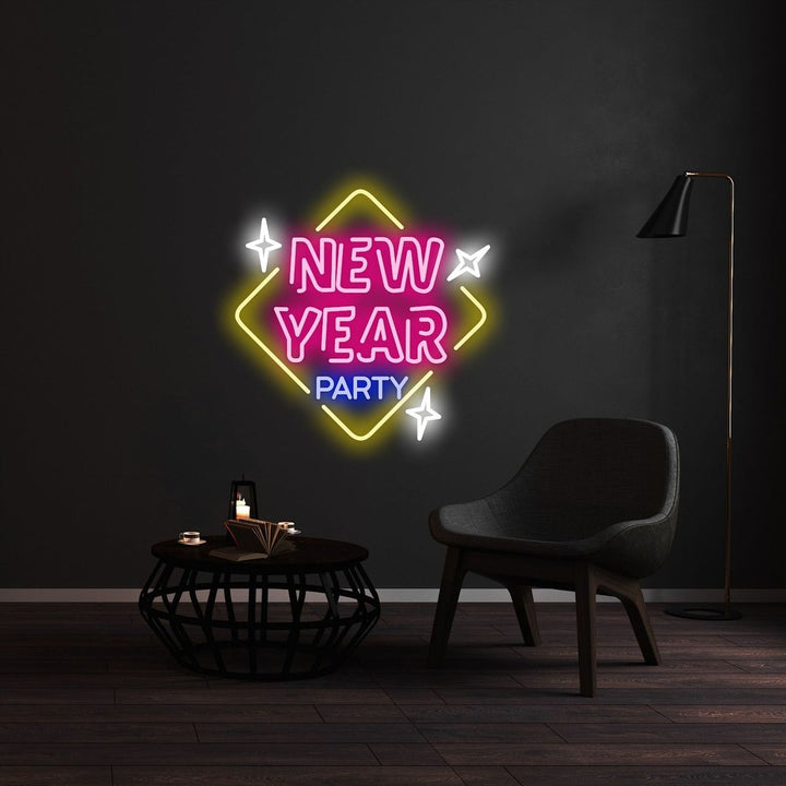 New Year Party LED Neon Sign glowing in multicolor lights – festive party décor by LEDNeons
