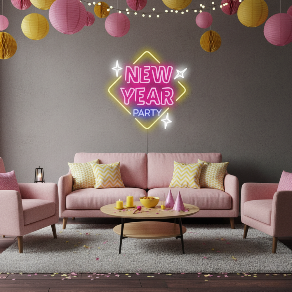 New Year Party LED Neon Sign glowing in multicolor lights – festive party décor by LEDNeons