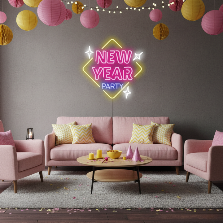 New Year Party LED Neon Sign glowing in multicolor lights – festive party décor by LEDNeons