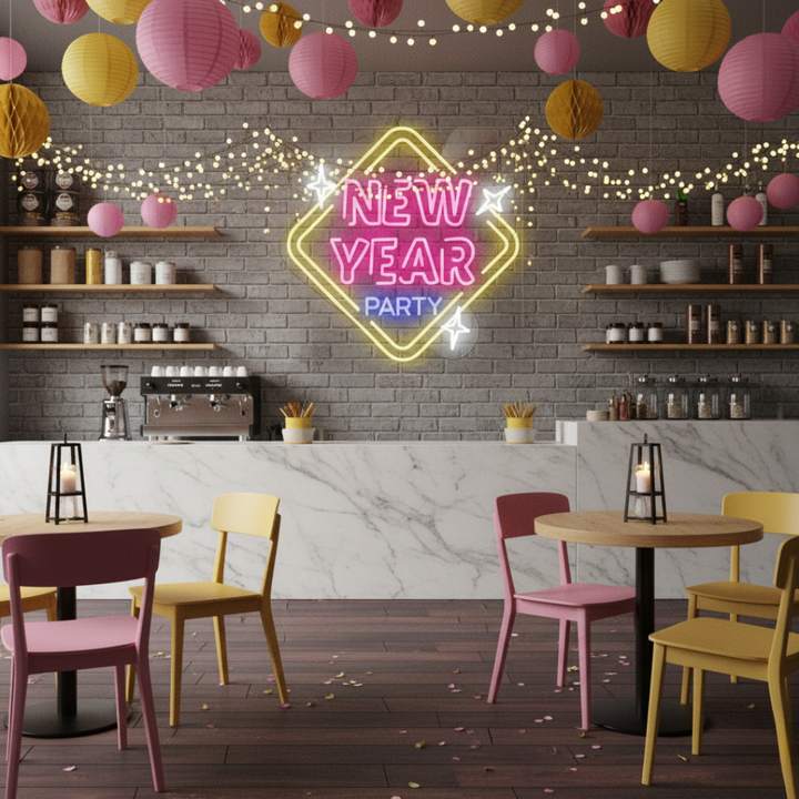 New Year Party LED Neon Sign glowing in multicolor lights – festive party décor by LEDNeons