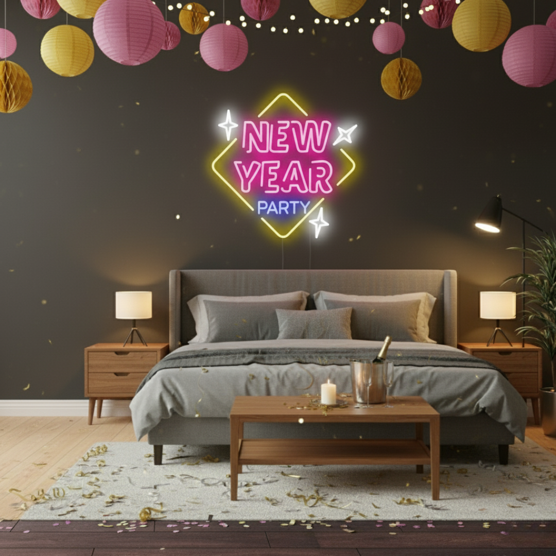 New Year Party LED Neon Sign glowing in multicolor lights – festive party décor by LEDNeons