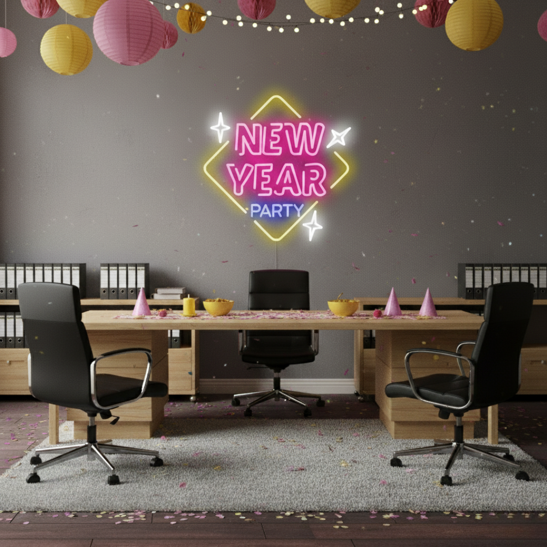 New Year Party LED Neon Sign glowing in multicolor lights – festive party décor by LEDNeons