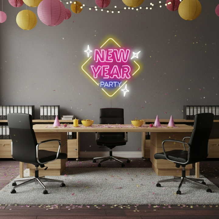 New Year Party LED Neon Sign glowing in multicolor lights – festive party décor by LEDNeons