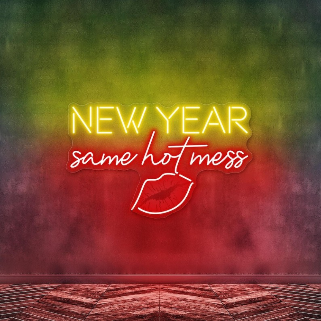 New Year Same Hot Mess Neon Sign by LEDNeons – Funny and festive LED wall décor for New Year celebrations