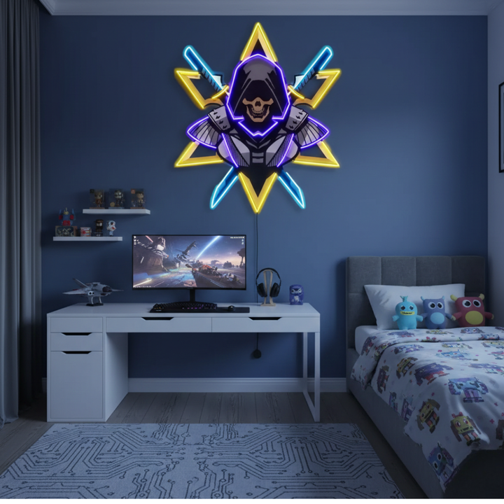 Ninja With Skull Mask UV Art LED Neon Sign by LEDNeons - Dark Background