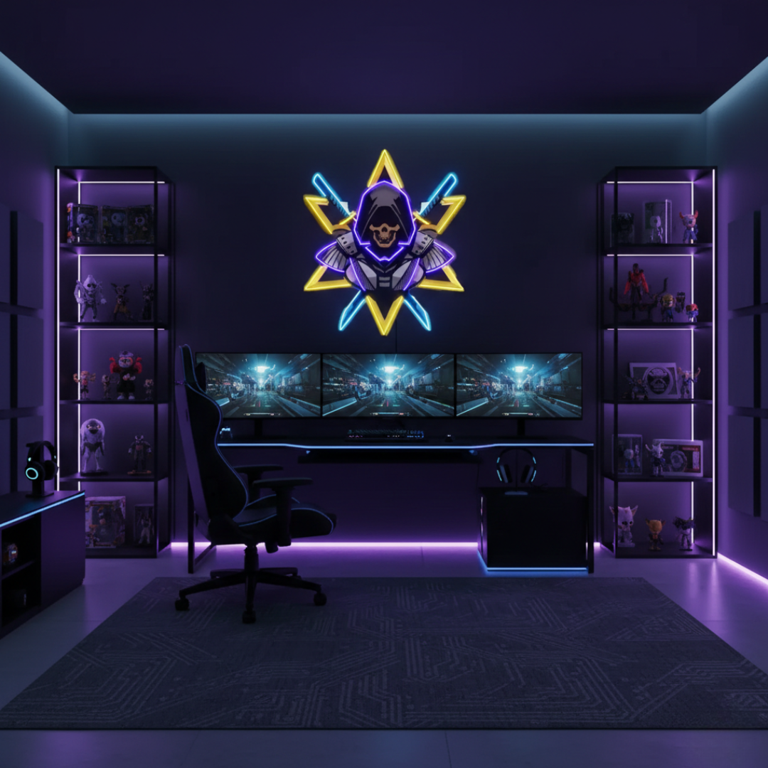 Ninja With Skull Mask UV Art LED Neon Sign by LEDNeons - Dark Background