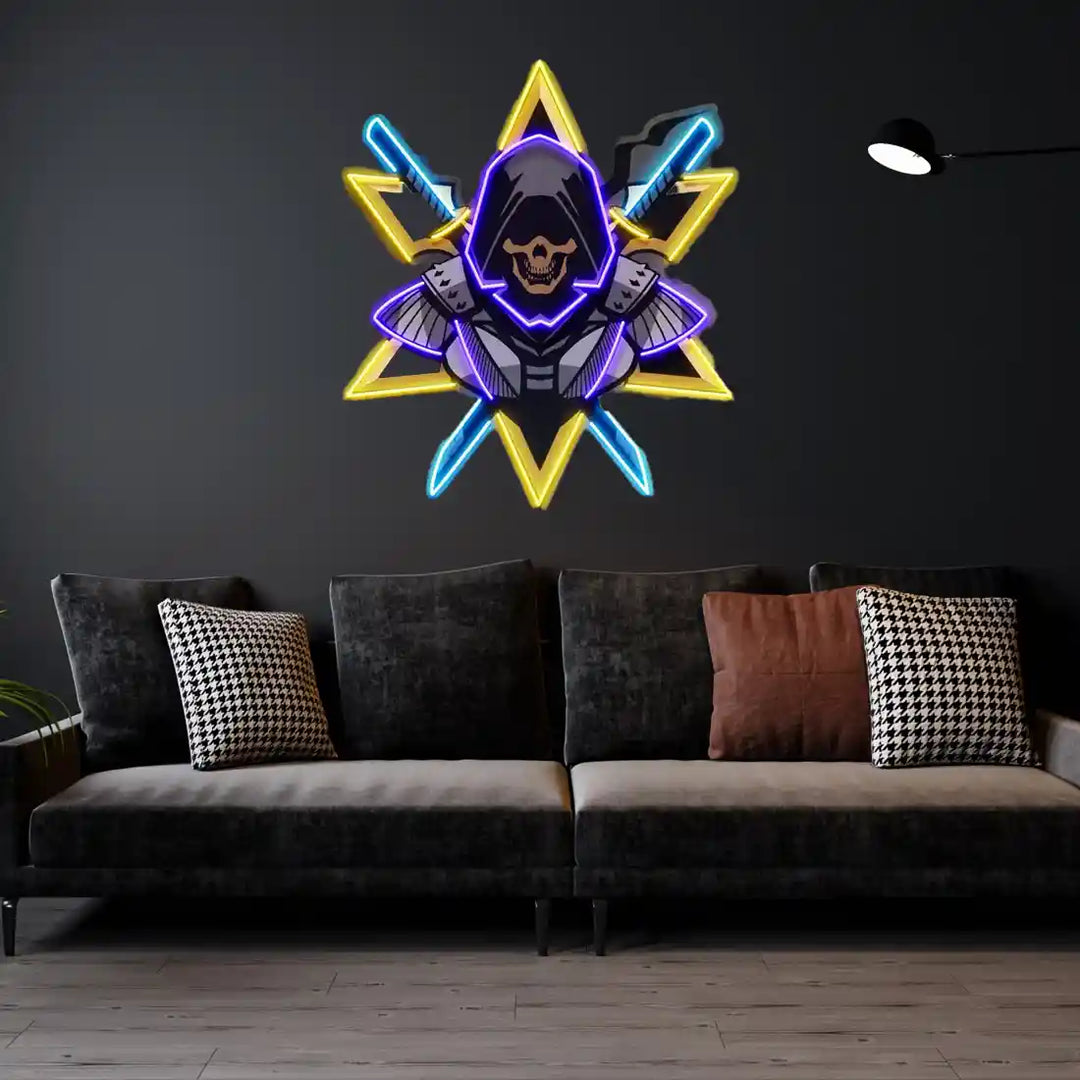 Ninja With Skull Mask UV Art LED Neon Sign by LedNeons.com - Dark Background