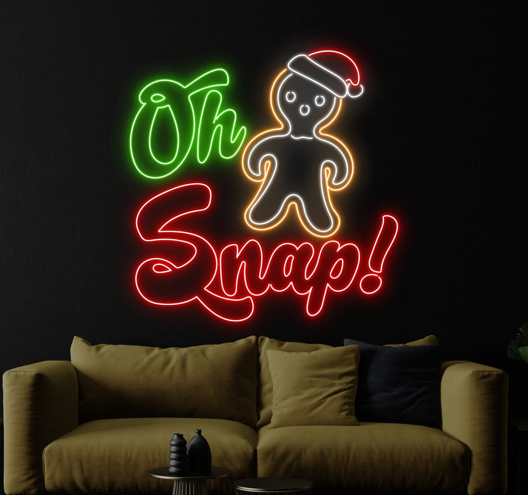 Oh Snap Gingerbread Man Neon Sign by LEDNeons - Radiating with festive red, green, and white neon hues to add holiday cheer.