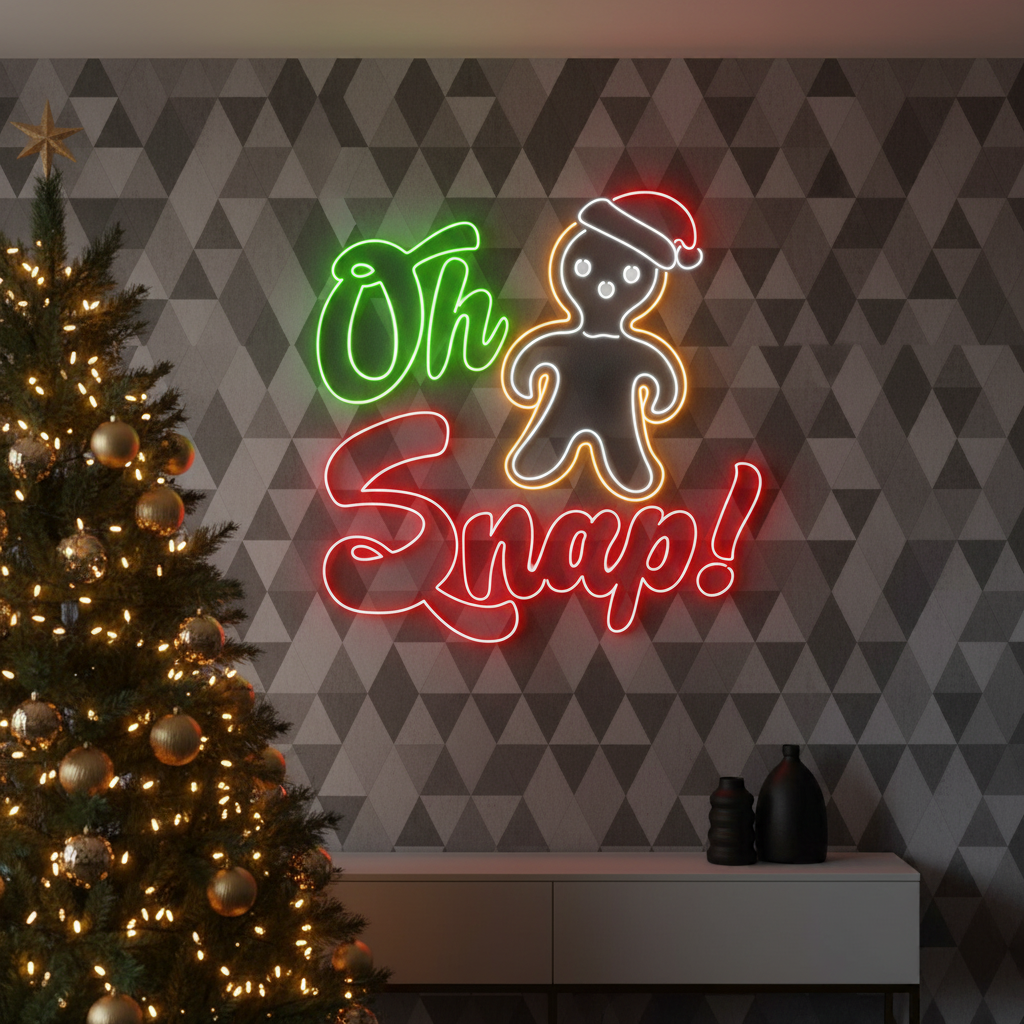 Oh Snap Gingerbread Man Neon Sign by LEDNeons - Radiating with festive red, green, and white neon hues to add holiday cheer.