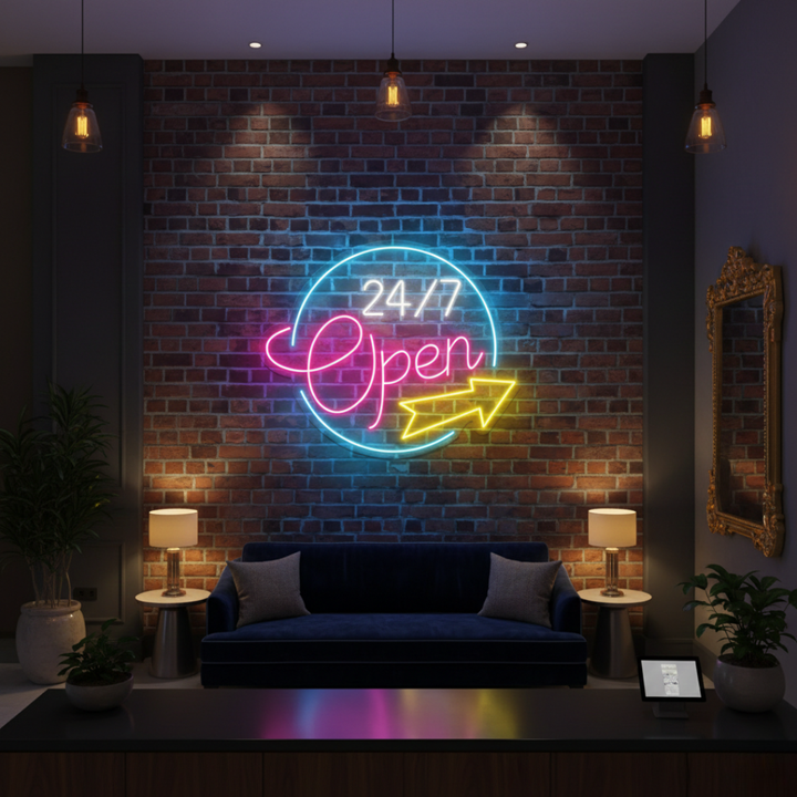 Open 24/7 Business Neon Sign by LEDNeons - Bright  Neon Sign glowing in vibrant colors, designed to attract customers.