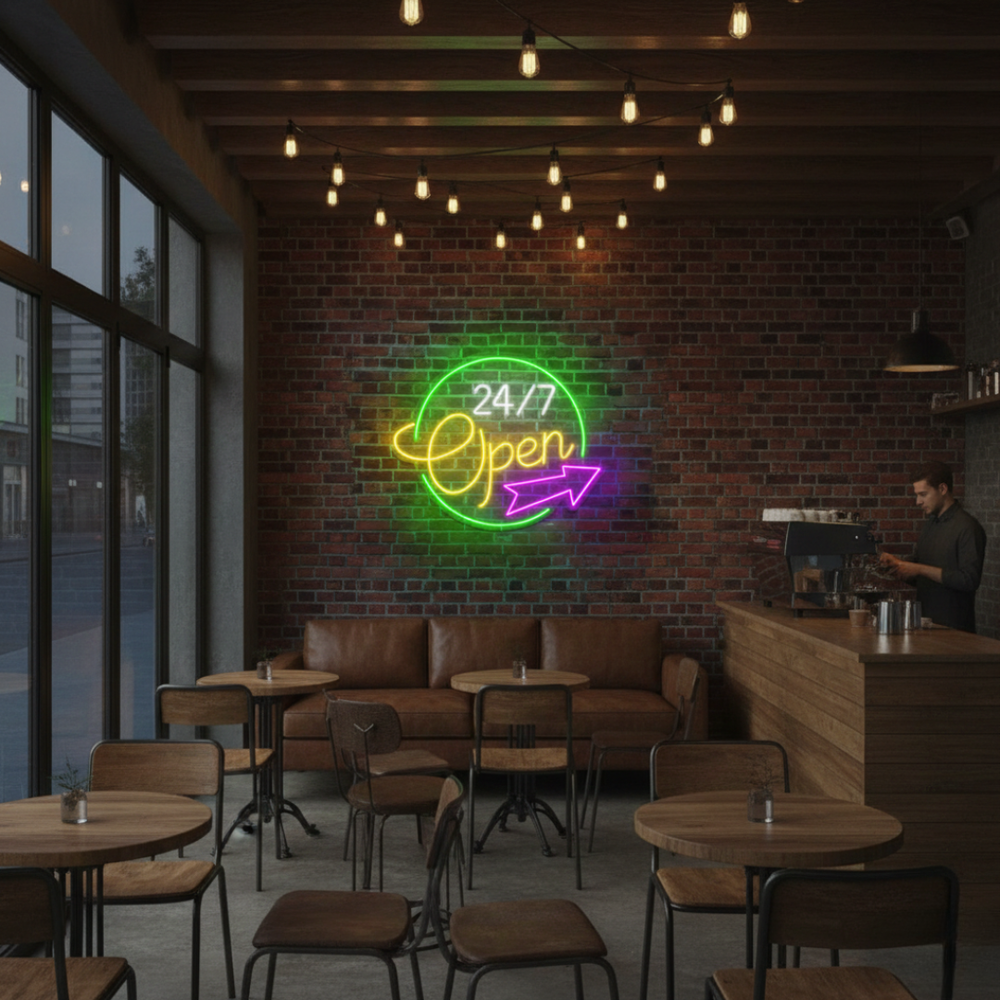 Open 24/7 Business Neon Sign by LEDNeons - Bright  Neon Sign glowing in vibrant colors, designed to attract customers.