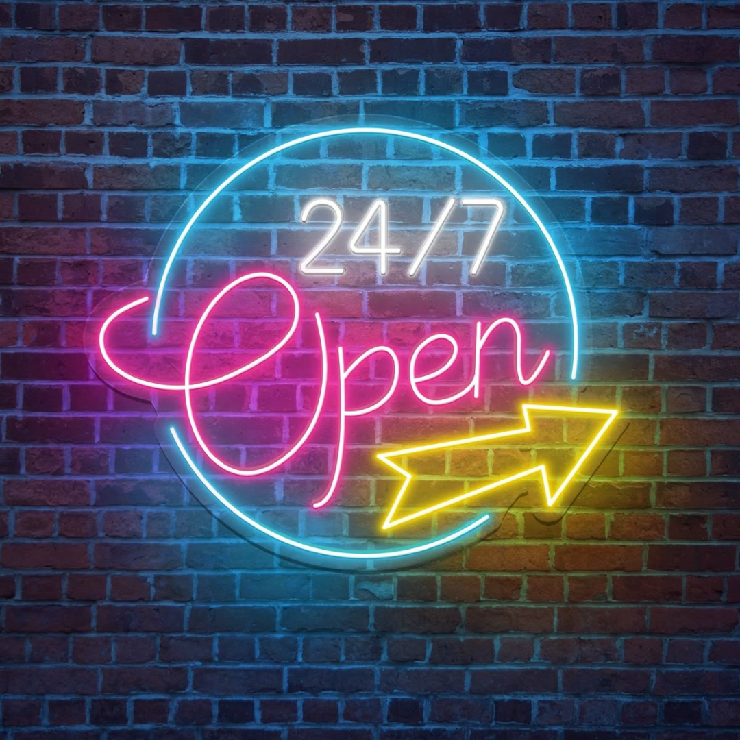 Open 24/7 Business Neon Sign by LEDNeons - Bright  Neon Sign glowing in vibrant colors, designed to attract customers.