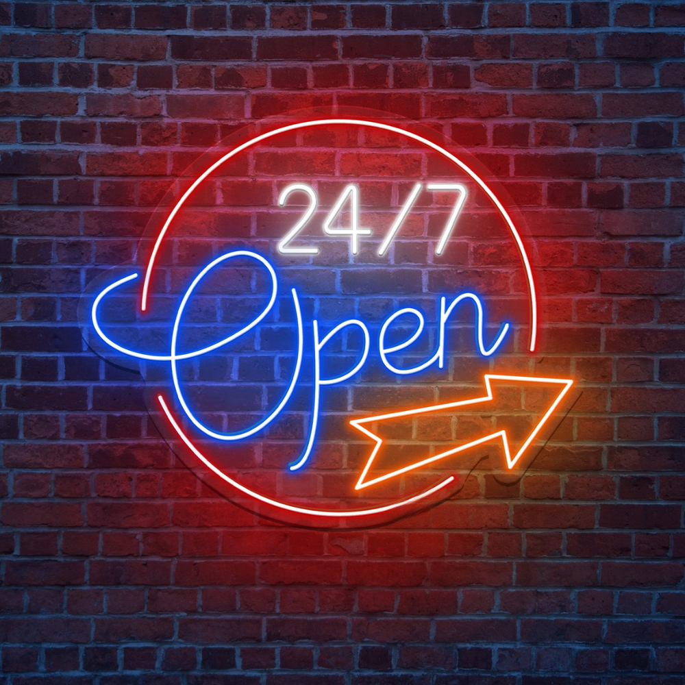 Open 24/7 Business Neon Sign by LEDNeons - Bright  Neon Sign glowing in vibrant colors, designed to attract customers.