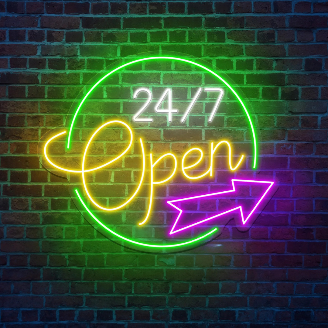 Open 24/7 Business Neon Sign by LEDNeons - Bright  Neon Sign glowing in vibrant colors, designed to attract customers.