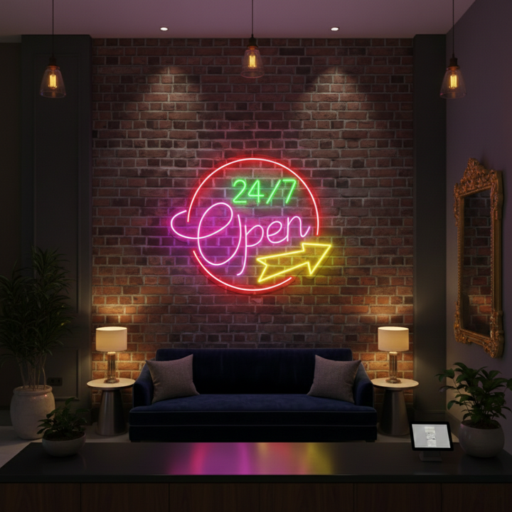Open 24/7 Business Neon Sign by LEDNeons - Bright  Neon Sign glowing in vibrant colors, designed to attract customers.