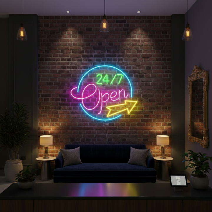 Open 24/7 Business Neon Sign by LEDNeons - Bright  Neon Sign glowing in vibrant colors, designed to attract customers.