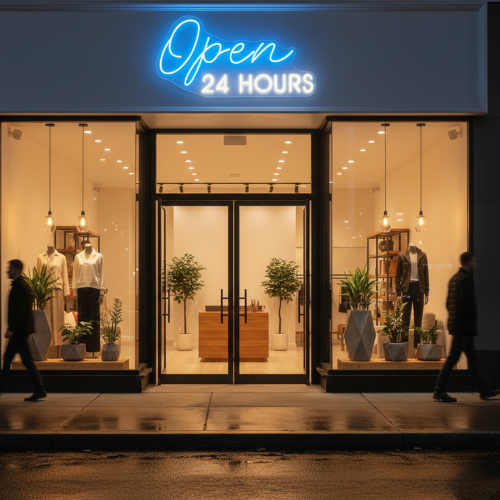 Open 24 Hours business Neon sign by LEDNeons - perfect for restaurants, cafes, bars, and stores that operate all day and night.