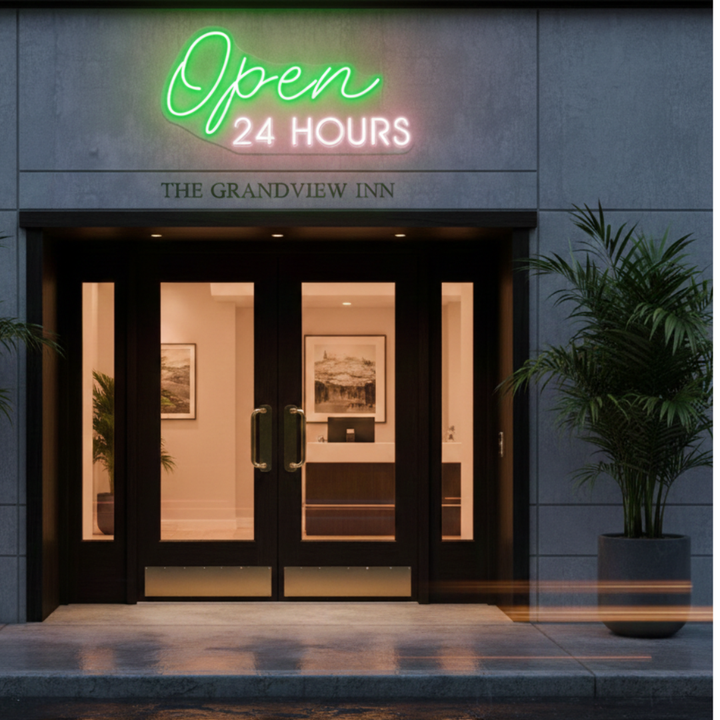 Open 24 Hours business Neon sign by LEDNeons - perfect for restaurants, cafes, bars, and stores that operate all day and night.