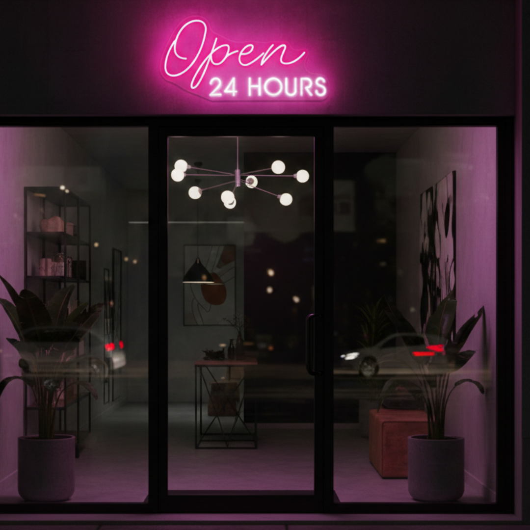 Open 24 Hours business Neon sign by LEDNeons - perfect for restaurants, cafes, bars, and stores that operate all day and night.