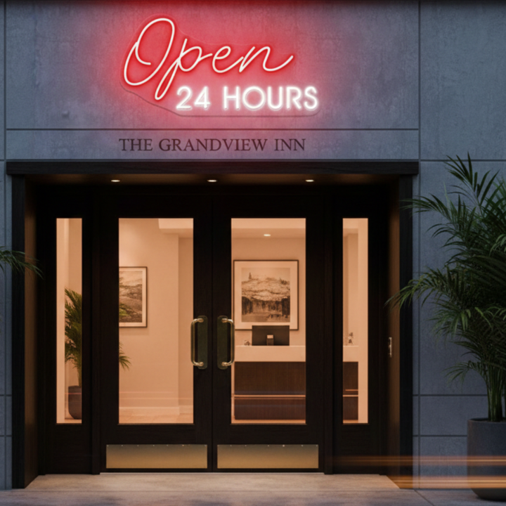 Open 24 Hours business Neon sign by LEDNeons - perfect for restaurants, cafes, bars, and stores that operate all day and night.