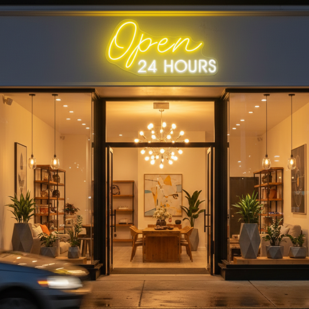 Open 24 Hours business Neon sign by LEDNeons - perfect for restaurants, cafes, bars, and stores that operate all day and night.