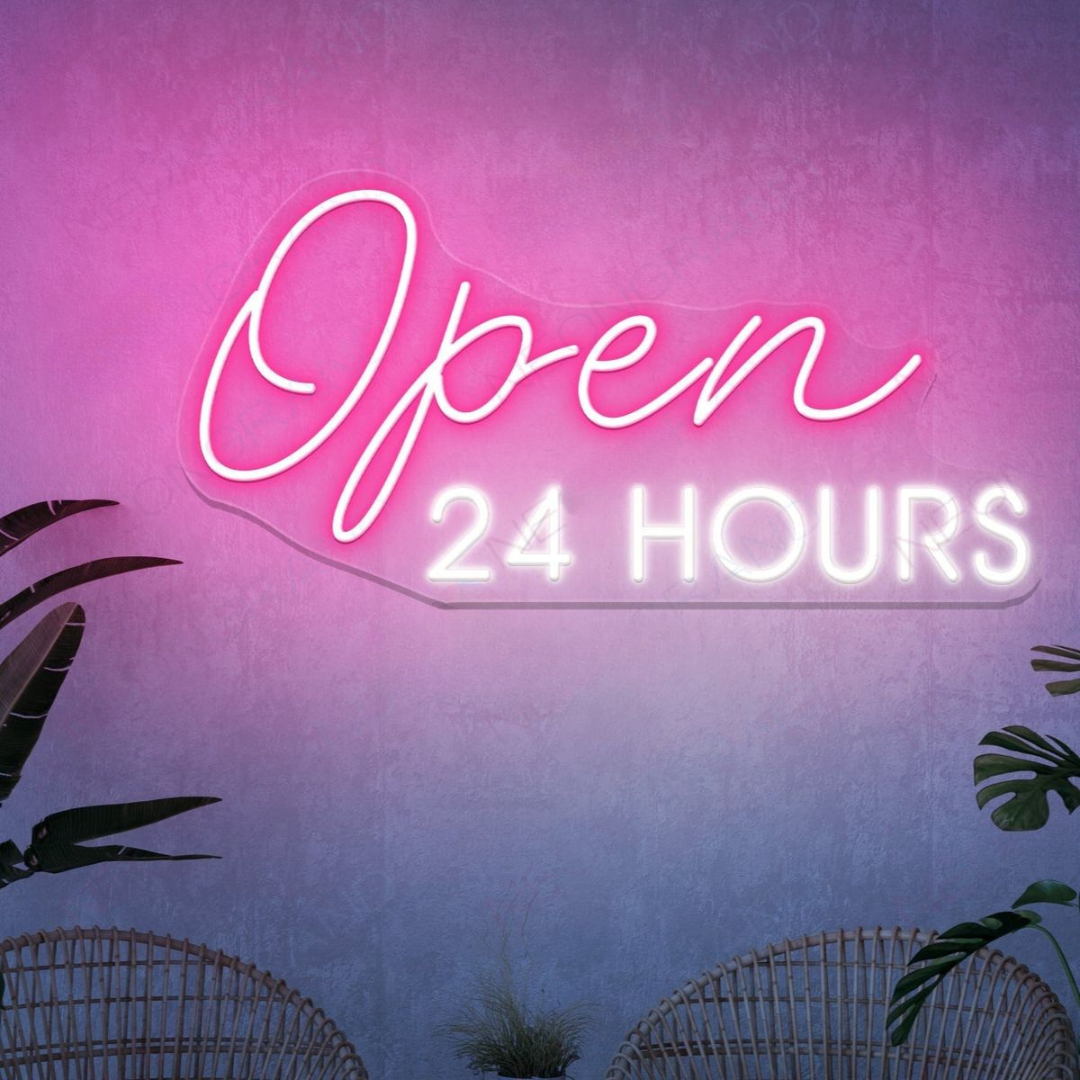 Open 24 Hours business Neon sign by LEDNeons - perfect for restaurants, cafes, bars, and stores that operate all day and night.